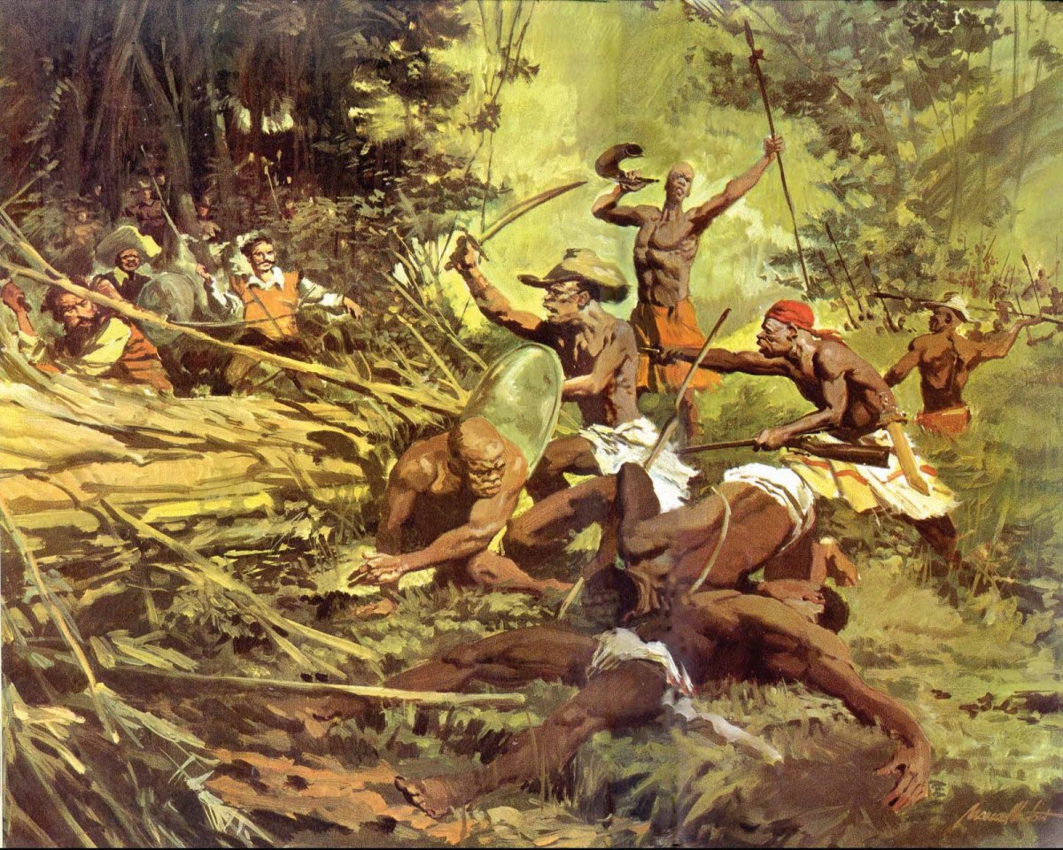 A cena ilustra um confronto entre os quilombolas e as tropas holandesas e portuguesas em meio a uma floresta, evidenciando a luta constante e a resistência dos quilombolas diante das invasões que ameaçavam seu modo de vida. A atmosfera é carregada de tensão, refletindo a bravura e a determinação dos que defendem seu território. No primeiro plano, corpos de guerreiros negros caídos ocupam parte do chão. Ao centro, um homem negro segura uma lança e um pequeno escudo, enquanto outro, de lenço vermelho, aponta sua arma adiante. Eles estão dispostos na cena, sem camisa, armados com lanças, facões e escudos, enfrentando à esquerda homens brancos armados, vestidos em tons claros.